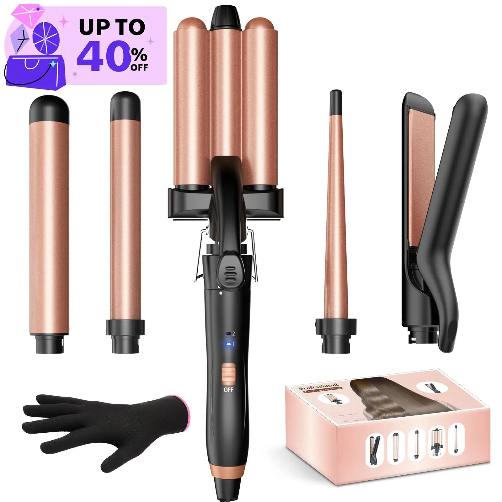 BESTOPE PRO 5 in 1 Wand Curling Iron-Curling Wand Set with Hair Straightener, 3 Barrels Hair Crimper Iron, 3 Ceramic Curling Iro
