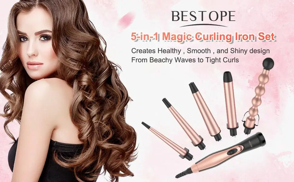 5 in 1 Curling Iron Set - BESTOPE PRO Curling Wand Iron with Interchangeable Barrels, 0.35”-1.25” Hair Curler Wand for Hairstyle