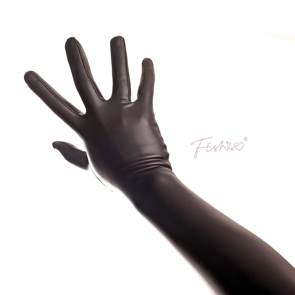Ftshist Sexy Full Finger Wetlook Long Gloves Matte Black Elastic PU Leather Elbow Length Glove Fetish Wear Fashion Accessories