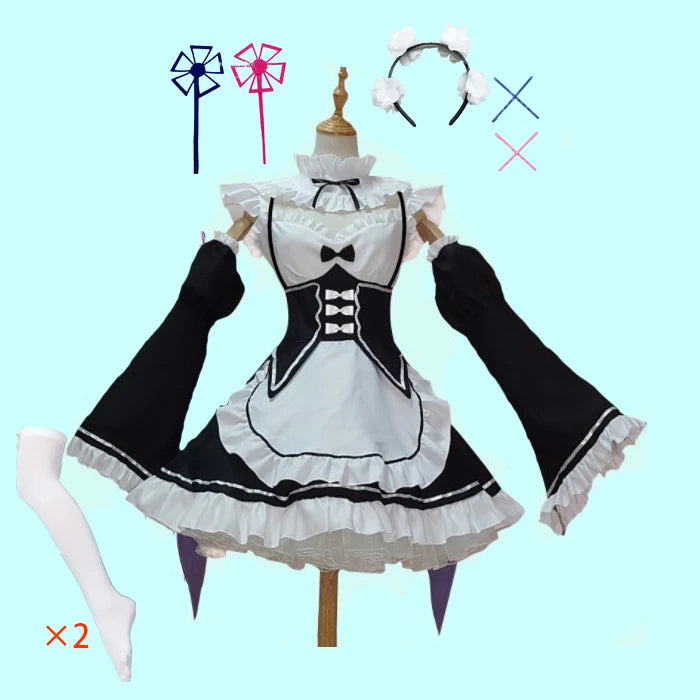 in stock  Re:zero Kara Hajimeru Isekai Seikatsu Rem Ram Maid Cosplay Costumes  Kawaii  dresses   Maid