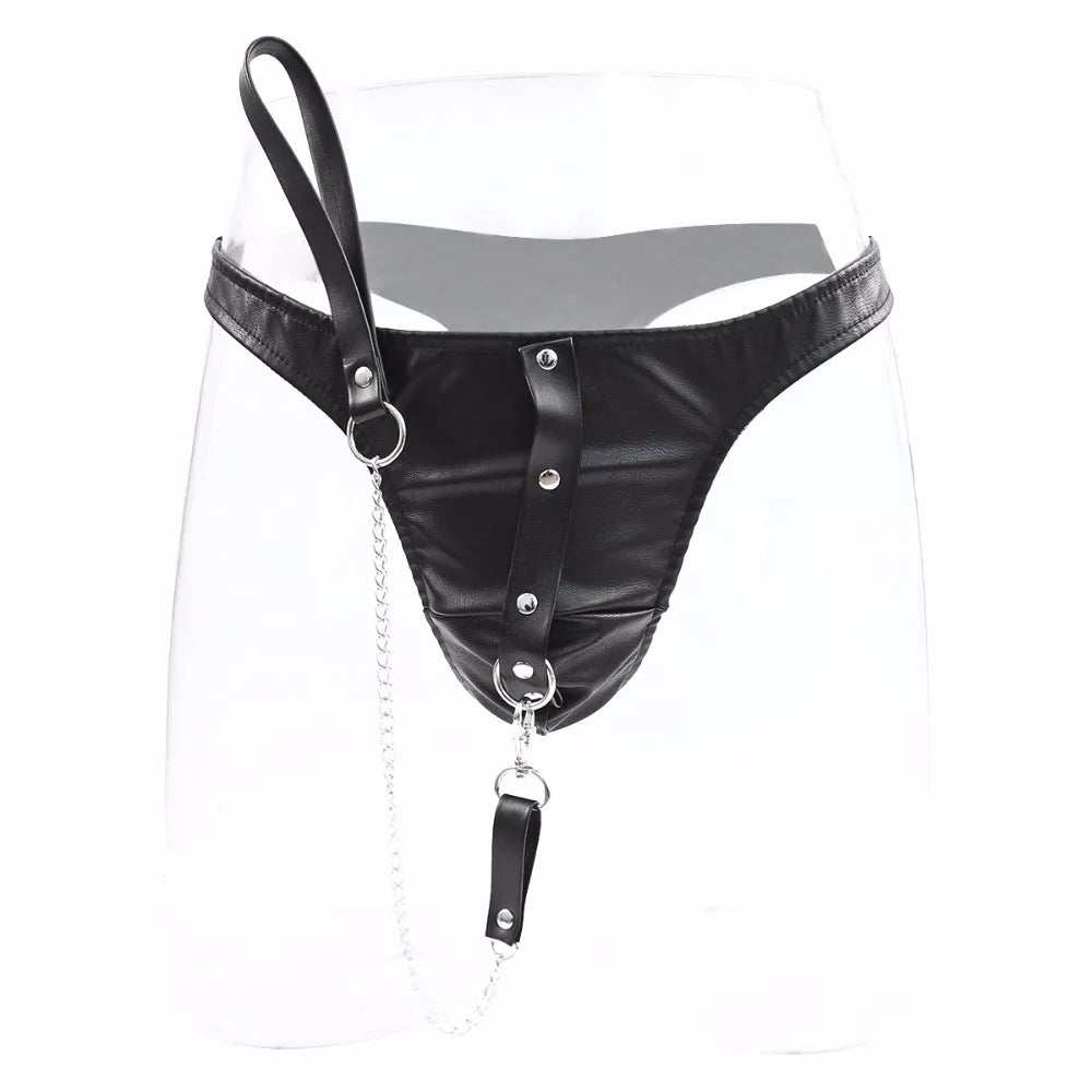 Thierry flirting sex products sexy Fetish pu Leather briefs With Leash for men, adult games Chastity Panty for couples