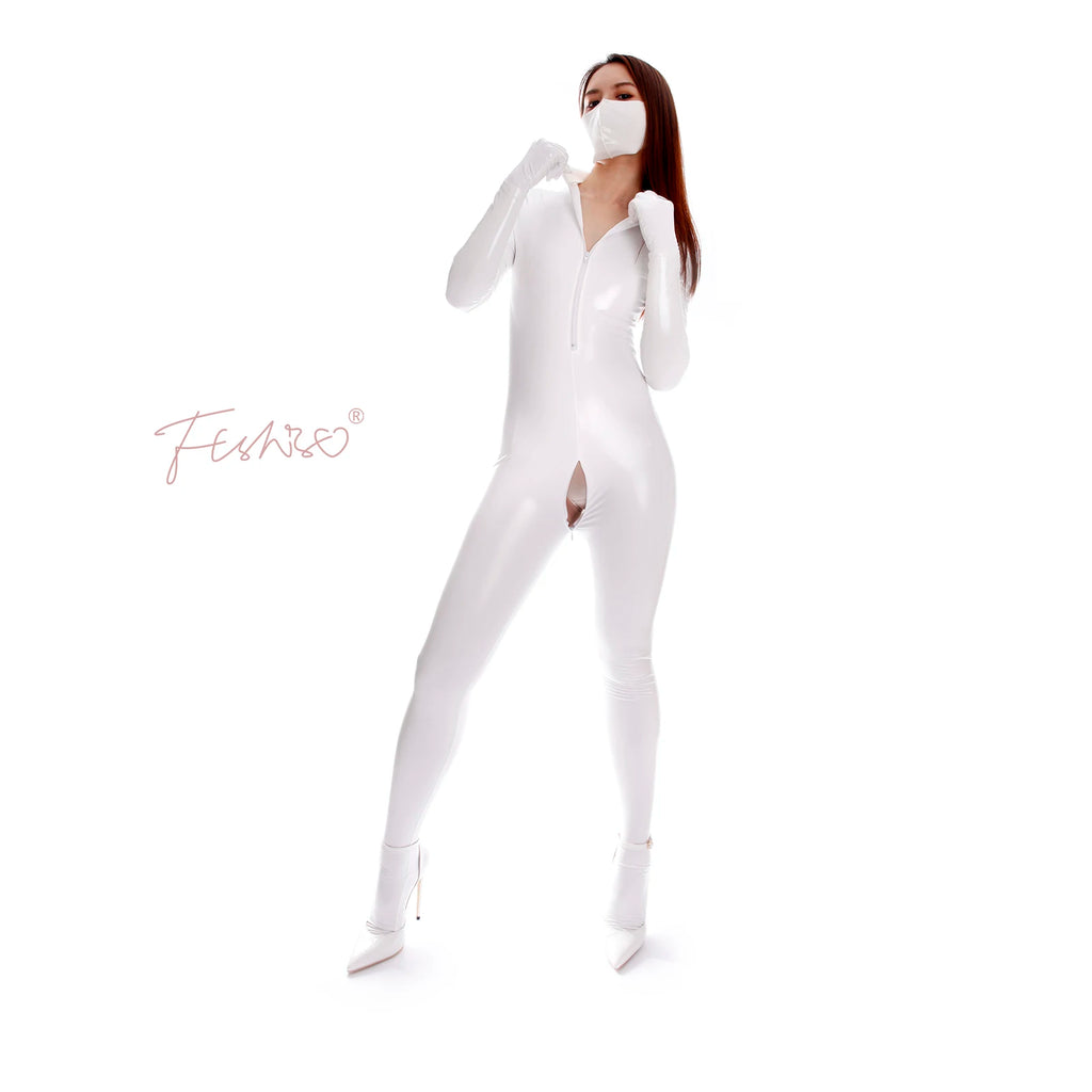 Ftshist Sexy Patent Leather Catsuits Open Crotch Shiny Fullbody Zentai Zipper One-Piece Long Sleeve Jumpuits Fetish Skin Tights