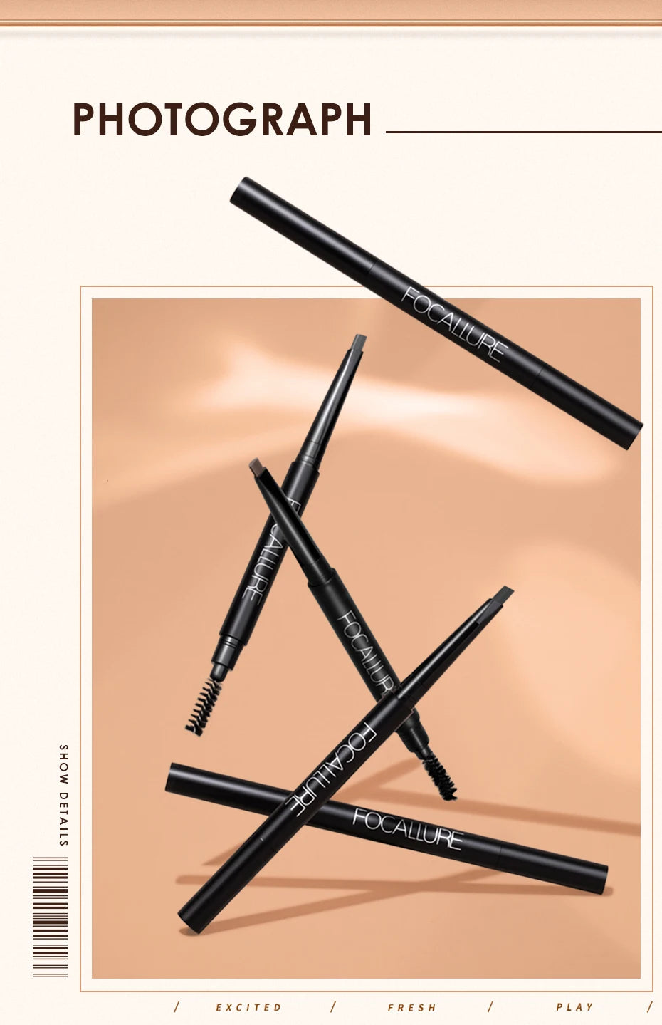 FOCALLURE Eyebrow Pencil 3 Colors Precise Brow Definer Waterproof Makeup Black Brown Eye Brows Cosmetics for Women's Make up