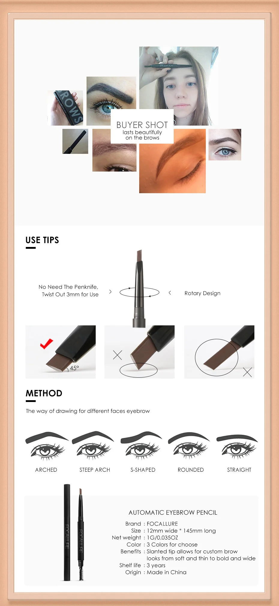 FOCALLURE Eyebrow Pencil 3 Colors Precise Brow Definer Waterproof Makeup Black Brown Eye Brows Cosmetics for Women's Make up