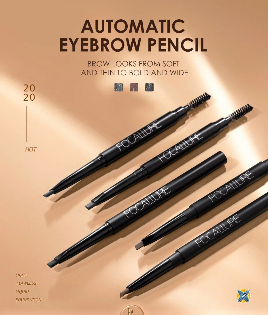 FOCALLURE Eyebrow Pencil 3 Colors Precise Brow Definer Waterproof Makeup Black Brown Eye Brows Cosmetics for Women's Make up