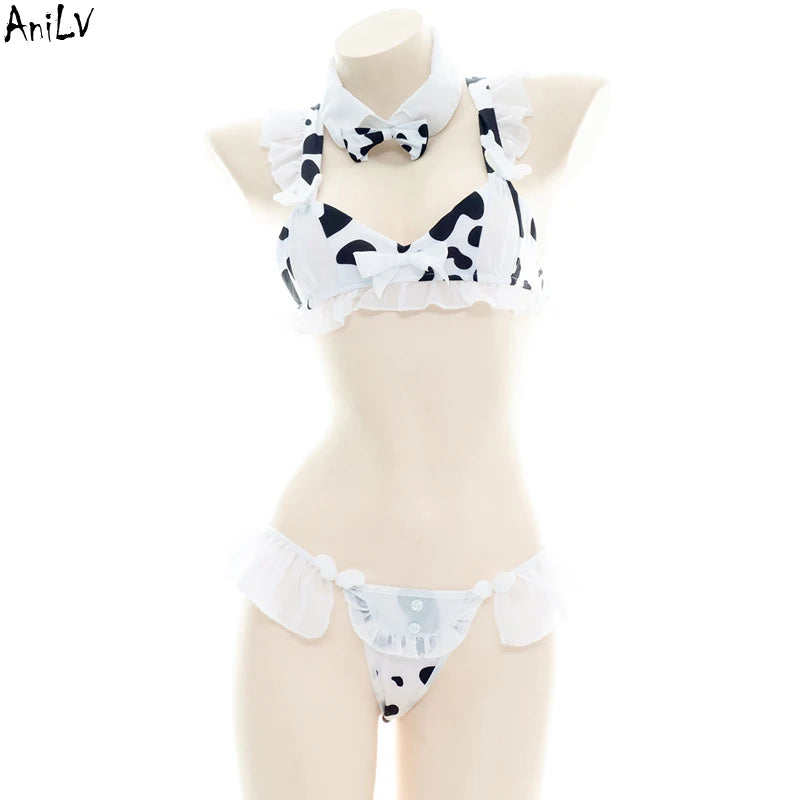 AniLV Anime Cartoon Cow Series Bodysuit Underwear Maid Unifrom Costume Kawaii Girl Bikini Swimsuit Set Outfit Cosplay