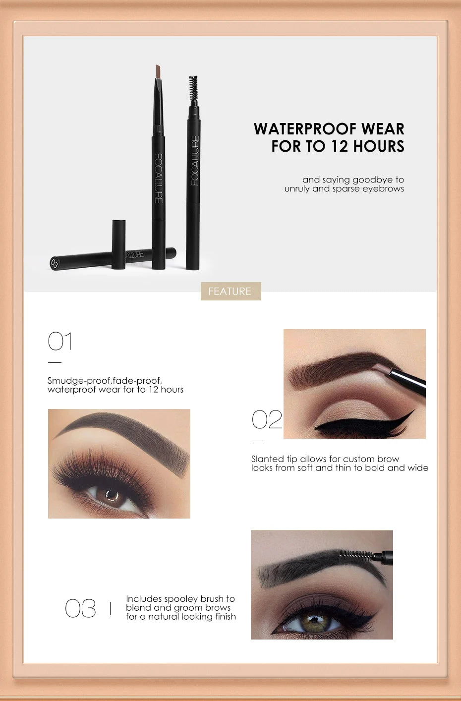 FOCALLURE Eyebrow Pencil 3 Colors Precise Brow Definer Waterproof Makeup Black Brown Eye Brows Cosmetics for Women's Make up