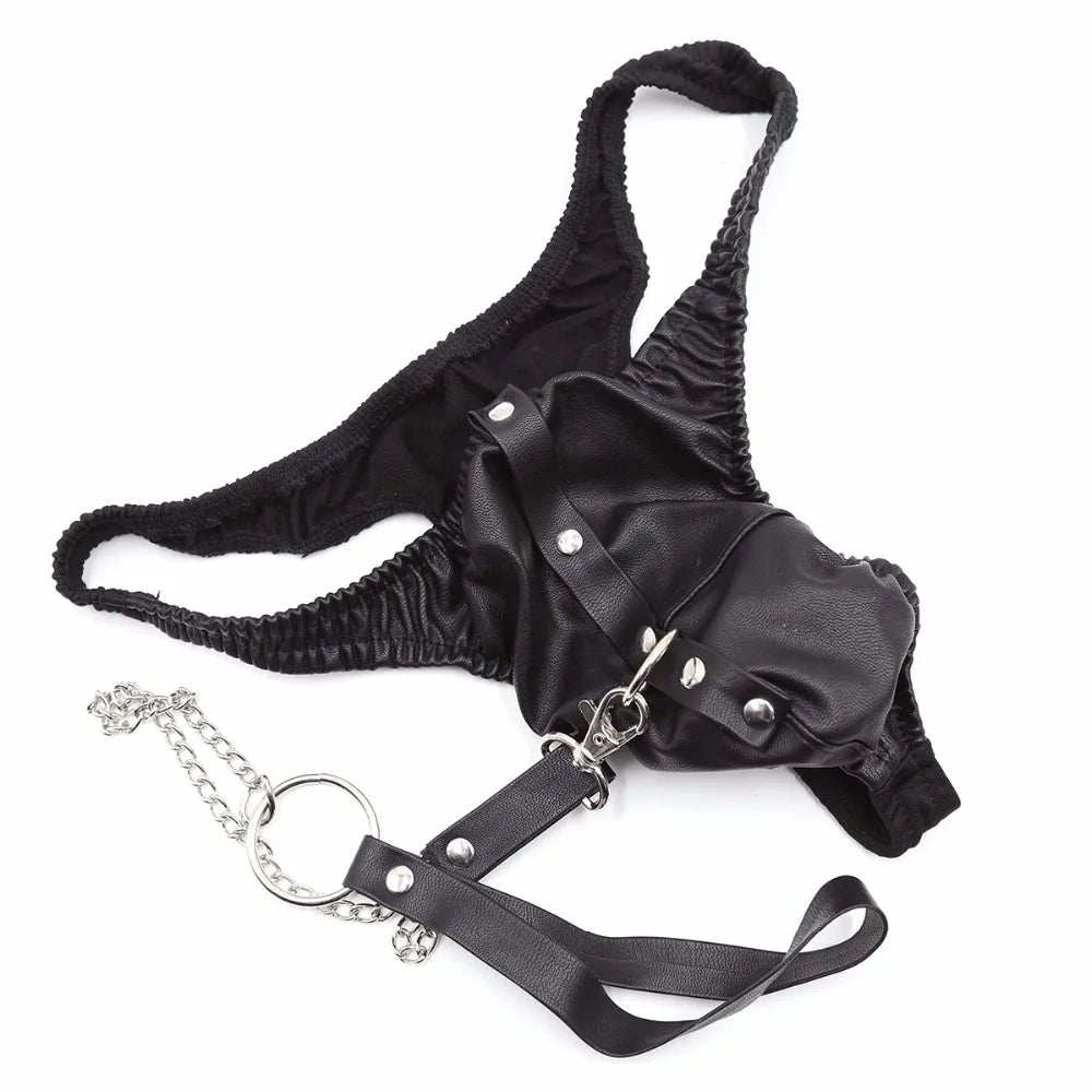 Thierry flirting sex products sexy Fetish pu Leather briefs With Leash for men, adult games Chastity Panty for couples