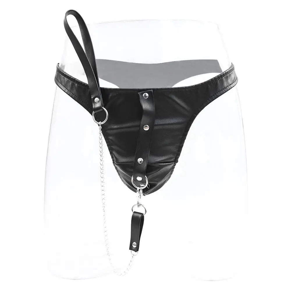 Thierry flirting sex products sexy Fetish pu Leather briefs With Leash for men, adult games Chastity Panty for couples