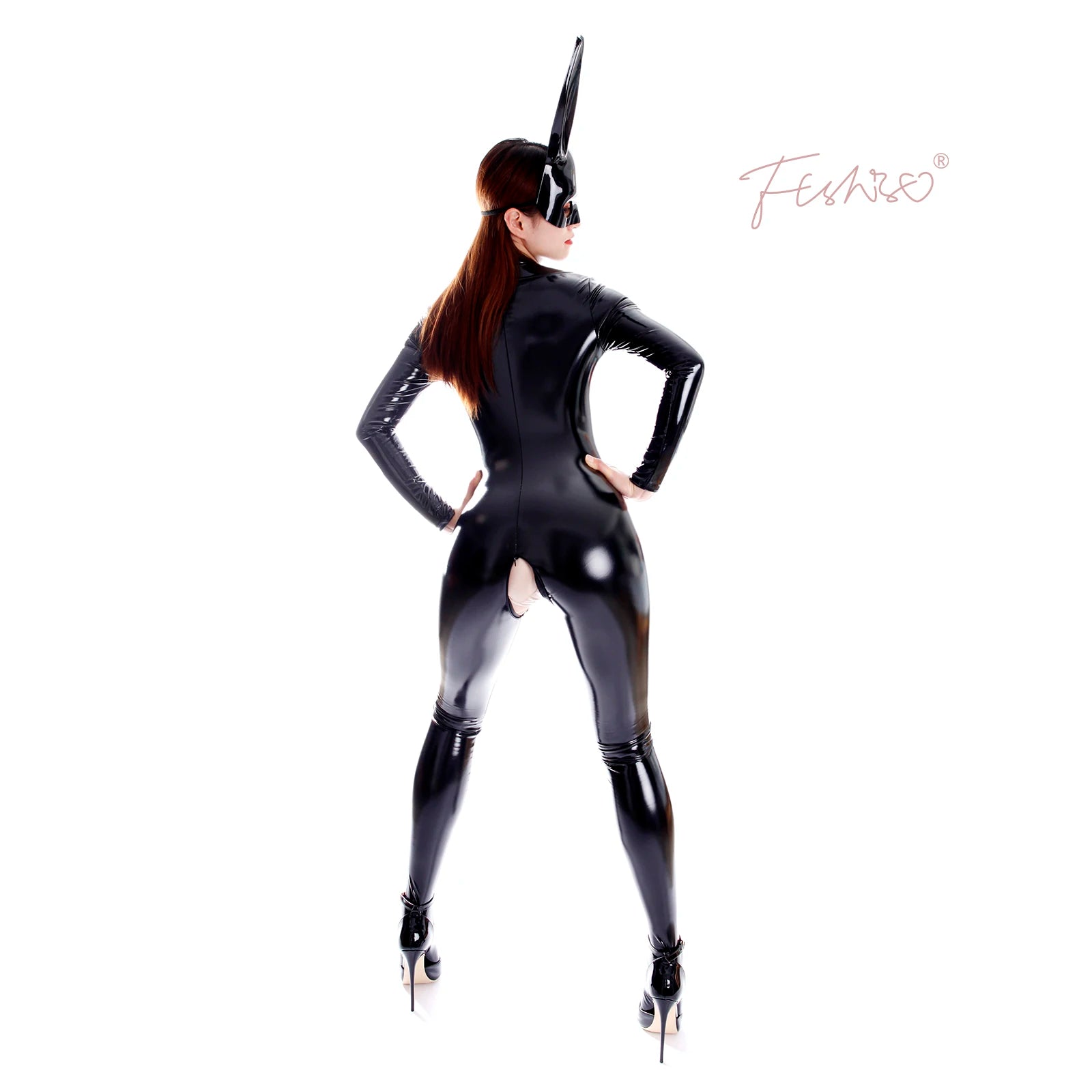 Ftshist Sexy Patent Leather Catsuits Open Crotch Shiny Fullbody Zentai Zipper One-Piece Long Sleeve Jumpuits Fetish Skin Tights