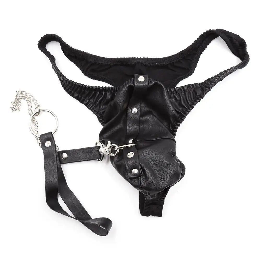 Thierry flirting sex products sexy Fetish pu Leather briefs With Leash for men, adult games Chastity Panty for couples