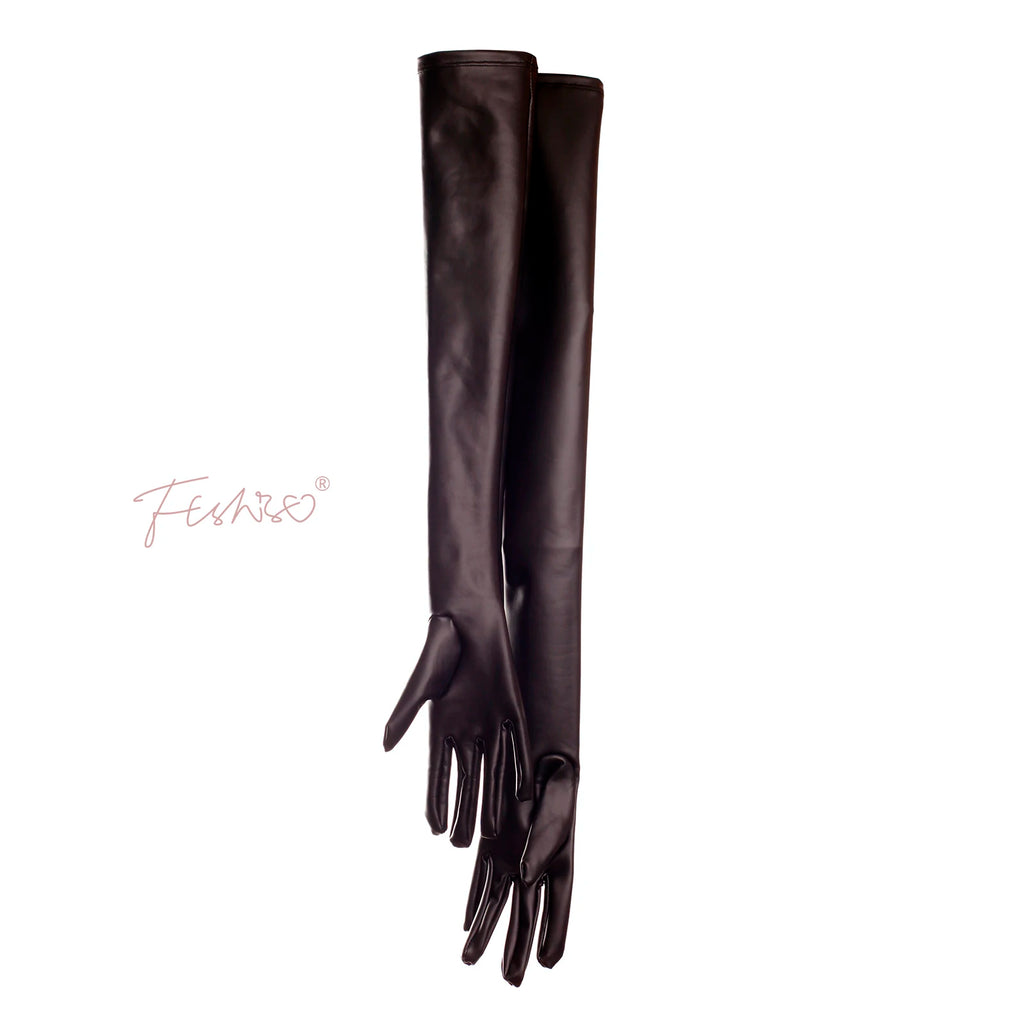 Ftshist Sexy Full Finger Wetlook Long Gloves Matte Black Elastic PU Leather Elbow Length Glove Fetish Wear Fashion Accessories