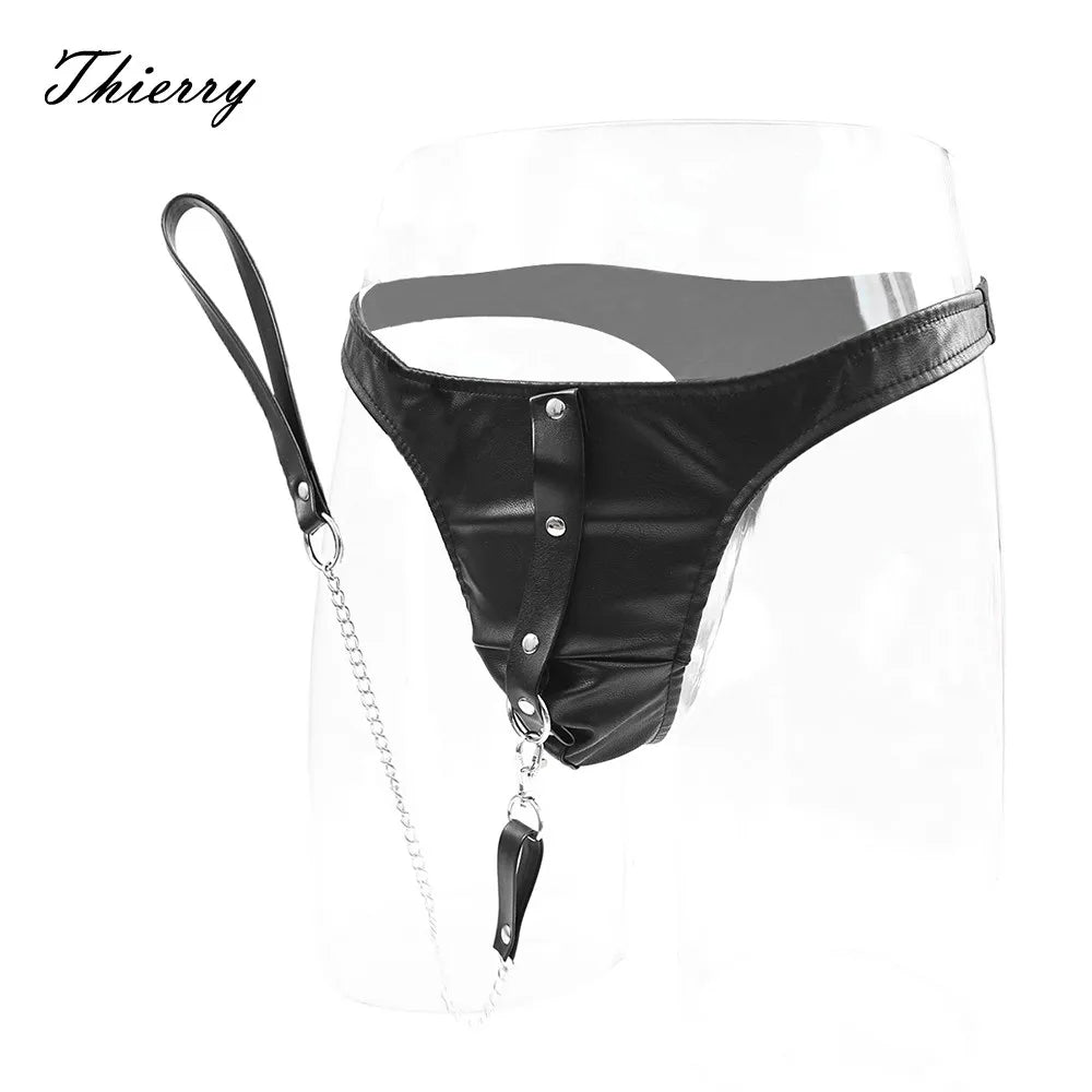 Thierry flirting sex products sexy Fetish pu Leather briefs With Leash for men, adult games Chastity Panty for couples