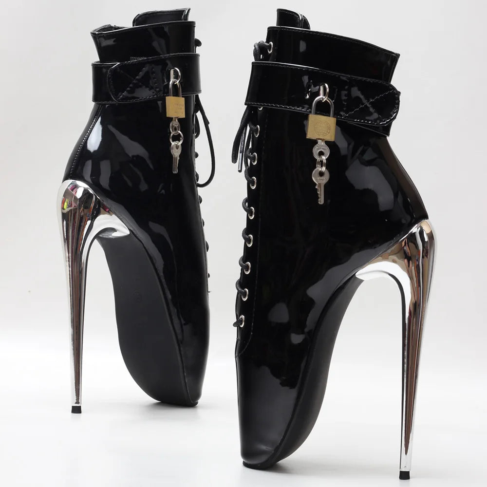 7Inch Stiletto High Heel Lock Wrap Strap Ankle Length Fetish Ballet Boots