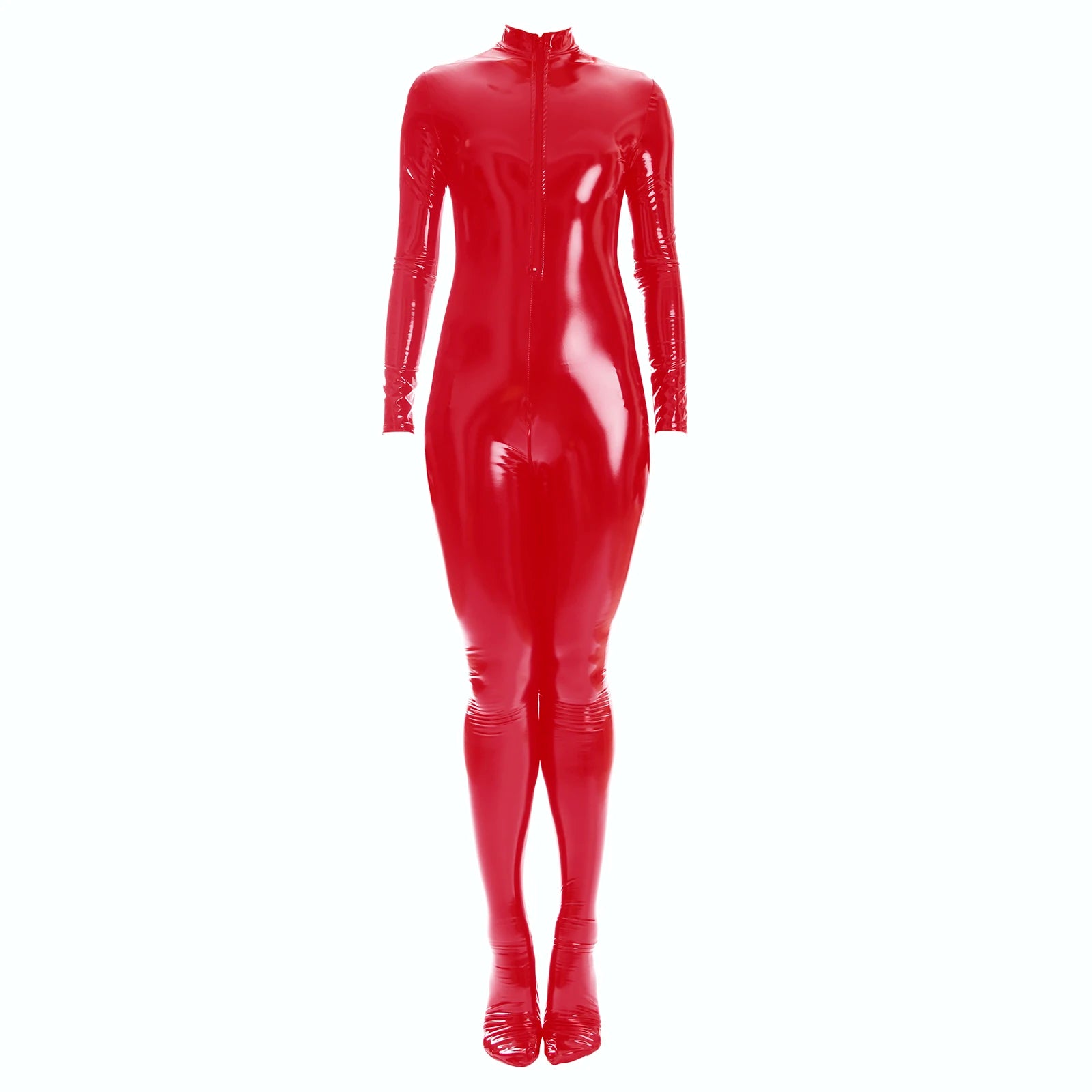 Ftshist Sexy Patent Leather Catsuits Open Crotch Shiny Fullbody Zentai Zipper One-Piece Long Sleeve Jumpuits Fetish Skin Tights