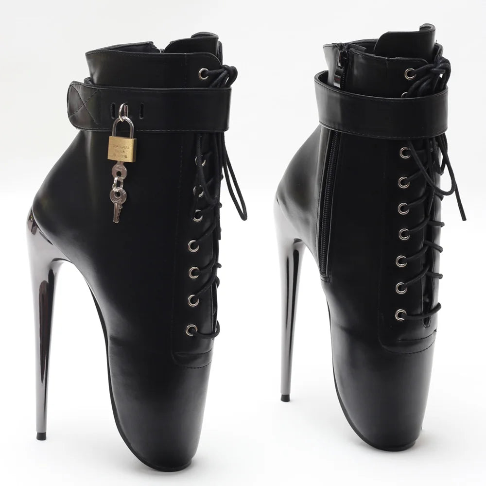 7Inch Stiletto High Heel Lock Wrap Strap Ankle Length Fetish Ballet Boots