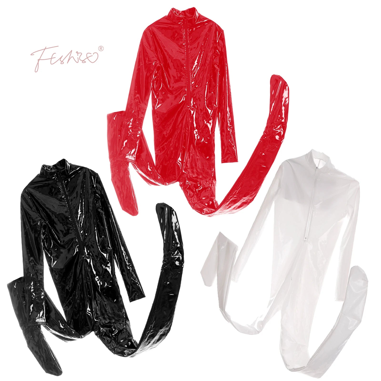 Ftshist Sexy Patent Leather Catsuits Open Crotch Shiny Fullbody Zentai Zipper One-Piece Long Sleeve Jumpuits Fetish Skin Tights