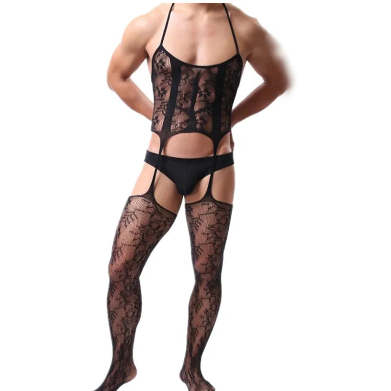 Fetish Men Gay Crossdress Wear Open Crotch Bodystocking Sexy Male Lingerie Porno Sex Transparent Sleepwear Fishnet Body Stocking