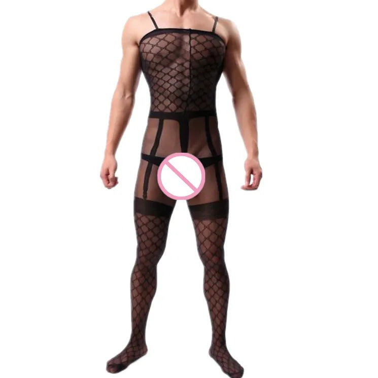 Fetish Men Gay Crossdress Wear Open Crotch Bodystocking Sexy Male Lingerie Porno Sex Transparent Sleepwear Fishnet Body Stocking