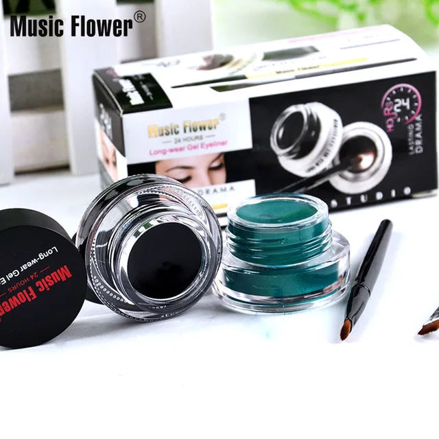 Music Flower 2 In 1 Brown + Black Eyeliner Gel Make Up Water-proof Eye Liner Kit Eye Makeup Tool With Brush 24H Long Lasting