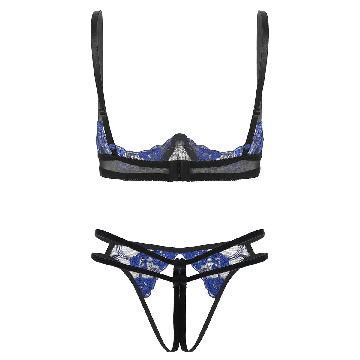 Womens Erotic Lingerie Set Floral Lace Sexy Suit Bare Exposed Breasts Underwire Bra Top with Crotchless G-string Thong Briefs