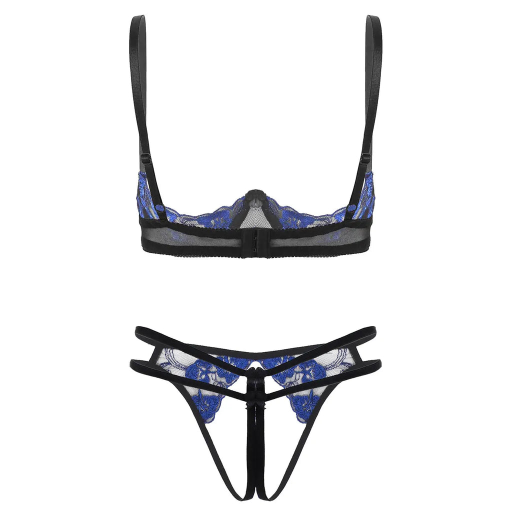 Womens Erotic Lingerie Set Floral Lace Sexy Suit Bare Exposed Breasts Underwire Bra Top with Crotchless G-string Thong Briefs