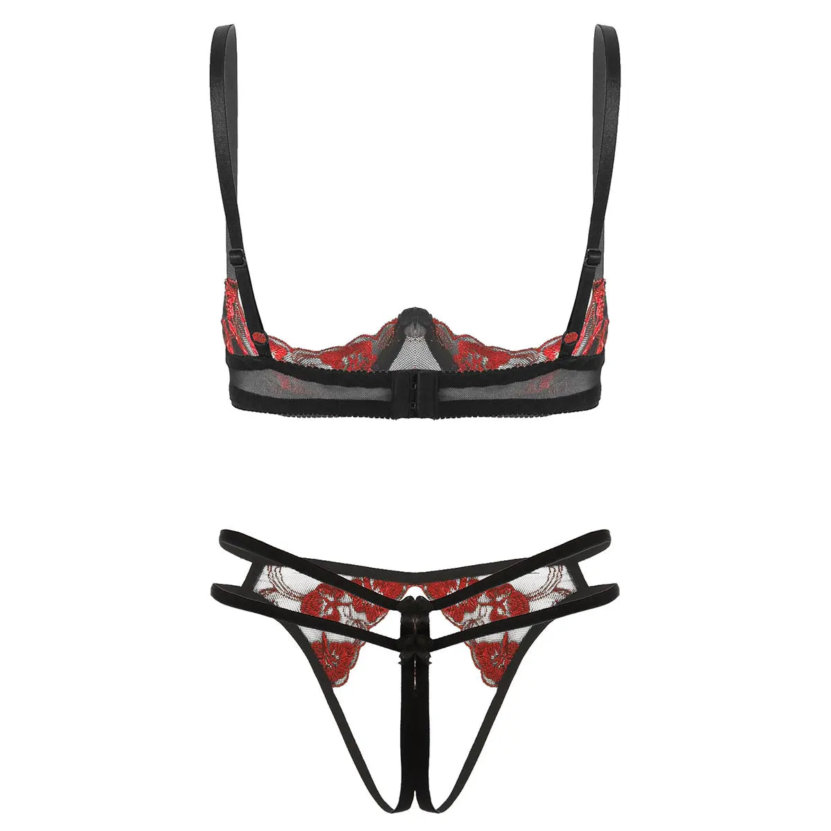 Womens Erotic Lingerie Set Floral Lace Sexy Suit Bare Exposed Breasts Underwire Bra Top with Crotchless G-string Thong Briefs