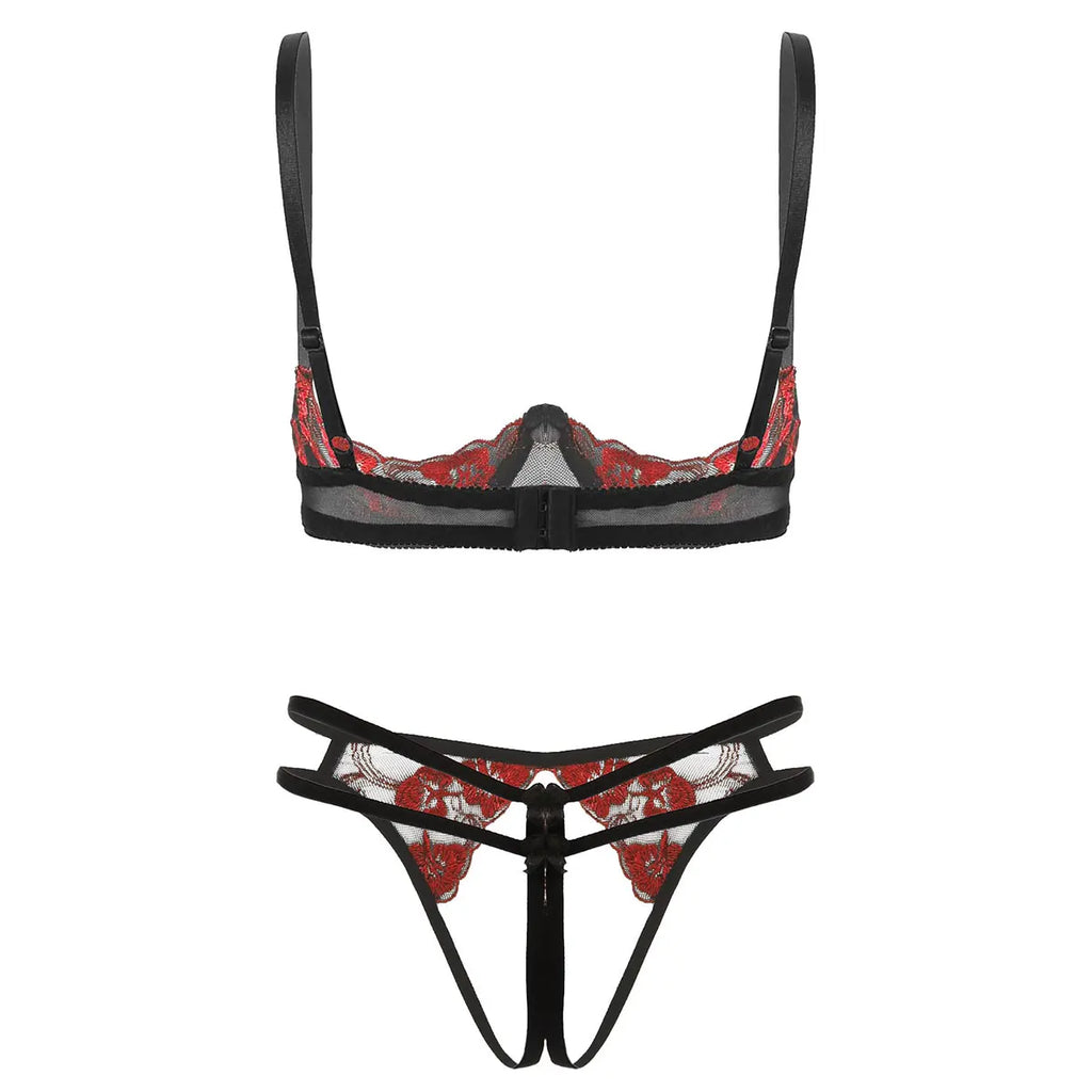 Womens Erotic Lingerie Set Floral Lace Sexy Suit Bare Exposed Breasts Underwire Bra Top with Crotchless G-string Thong Briefs