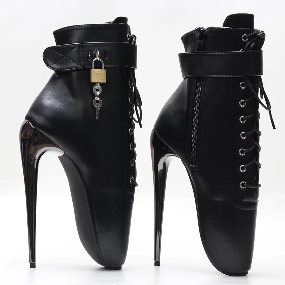 7Inch Stiletto High Heel Lock Wrap Strap Ankle Length Fetish Ballet Boots