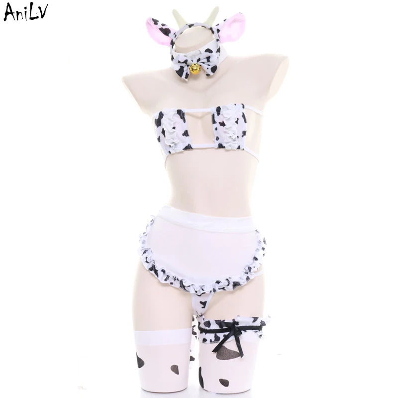 AniLV Anime Cartoon Cow Series Bodysuit Underwear Maid Unifrom Costume Kawaii Girl Bikini Swimsuit Set Outfit Cosplay