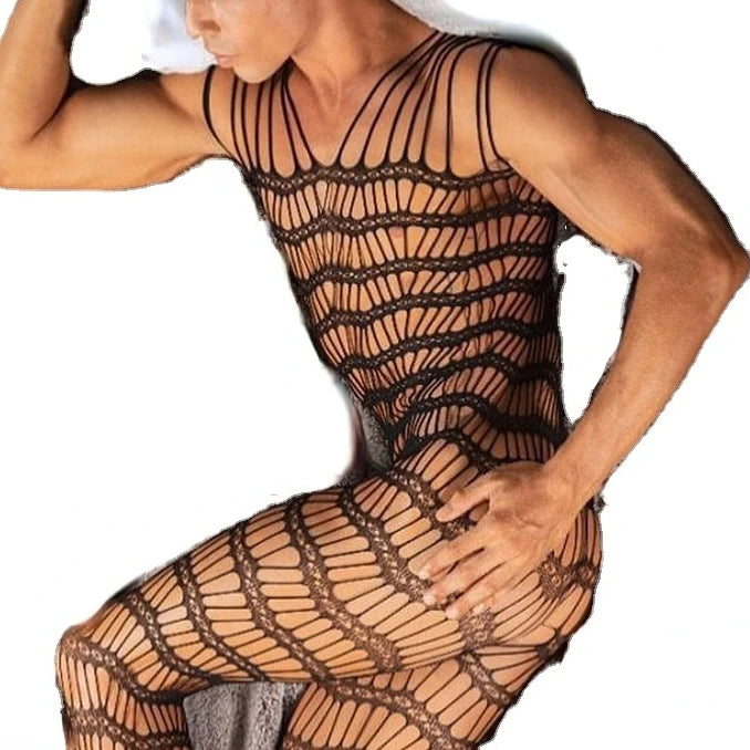 Fetish Underwear for Men's Body Stockings Man Fishnet Bodysuits Crotchless Lingerie Sissy Jumpsuit Male Erotic Porno Sleepwear