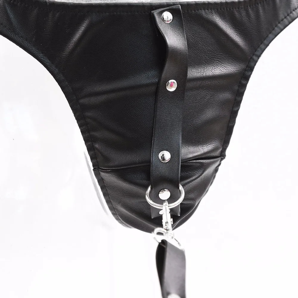 Thierry flirting sex products sexy Fetish pu Leather briefs With Leash for men, adult games Chastity Panty for couples