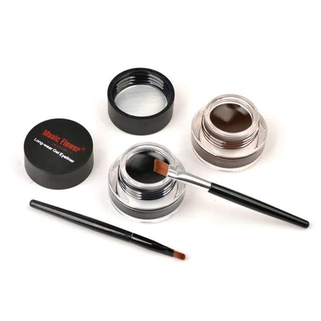 Music Flower 2 In 1 Brown + Black Eyeliner Gel Make Up Water-proof Eye Liner Kit Eye Makeup Tool With Brush 24H Long Lasting