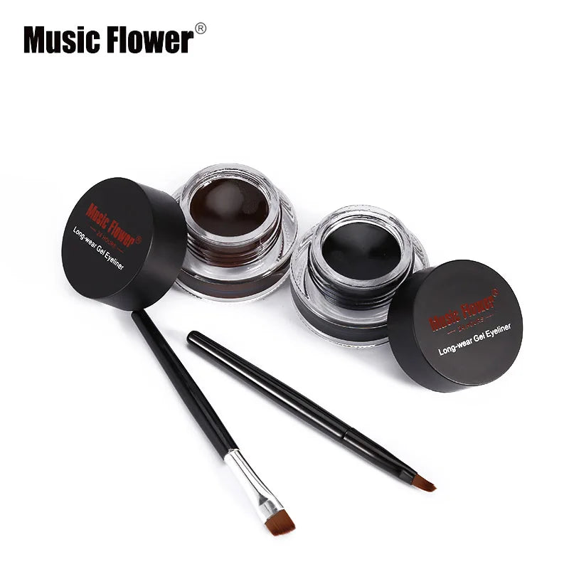 Music Flower 2 In 1 Brown + Black Eyeliner Gel Make Up Water-proof Eye Liner Kit Eye Makeup Tool With Brush 24H Long Lasting