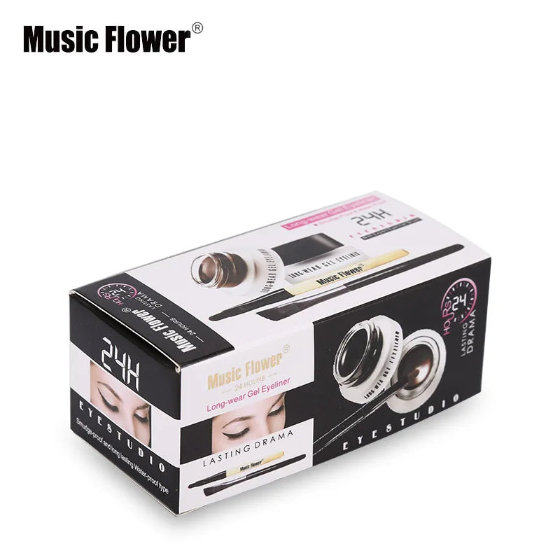 Music Flower 2 In 1 Brown + Black Eyeliner Gel Make Up Water-proof Eye Liner Kit Eye Makeup Tool With Brush 24H Long Lasting