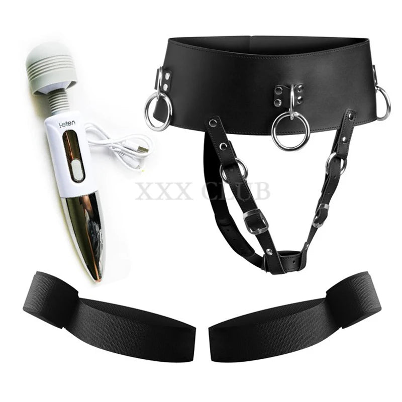 Thierrry Forced Orgasm Restraint Kit Chastity Briefs  Wtrap Device AV Vibrator Masturbation Belt Wrist to Thigh Cuffs Bondage