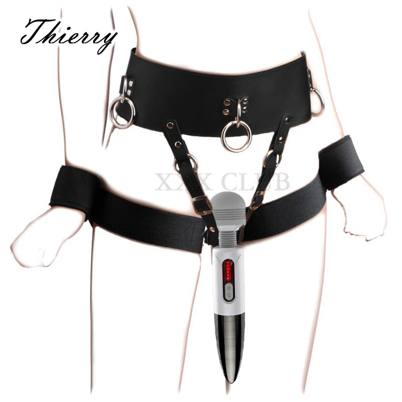 Thierrry Forced Orgasm Restraint Kit Chastity Briefs  Wtrap Device AV Vibrator Masturbation Belt Wrist to Thigh Cuffs Bondage