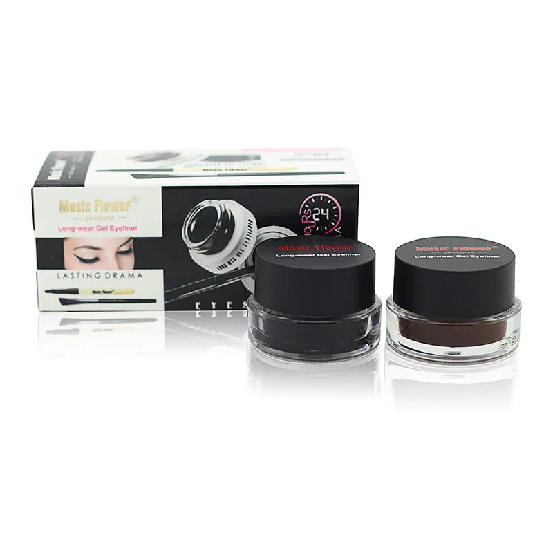 Music Flower 2 In 1 Brown + Black Eyeliner Gel Make Up Water-proof Eye Liner Kit Eye Makeup Tool With Brush 24H Long Lasting
