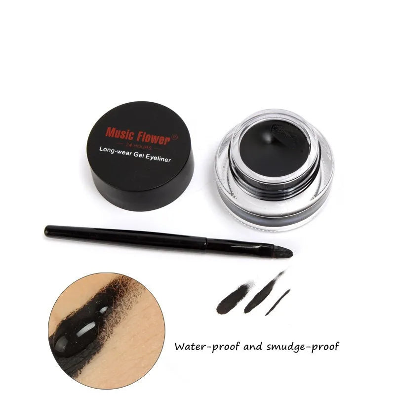 Music Flower 2 In 1 Brown + Black Eyeliner Gel Make Up Water-proof Eye Liner Kit Eye Makeup Tool With Brush 24H Long Lasting