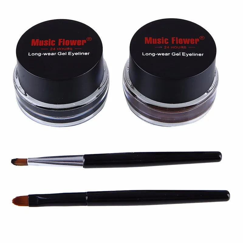 Music Flower 2 In 1 Brown + Black Eyeliner Gel Make Up Water-proof Eye Liner Kit Eye Makeup Tool With Brush 24H Long Lasting
