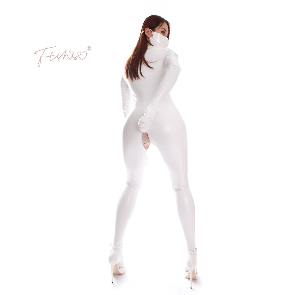 Ftshist Sexy Patent Leather Catsuits Open Crotch Shiny Fullbody Zentai Zipper One-Piece Long Sleeve Jumpuits Fetish Skin Tights