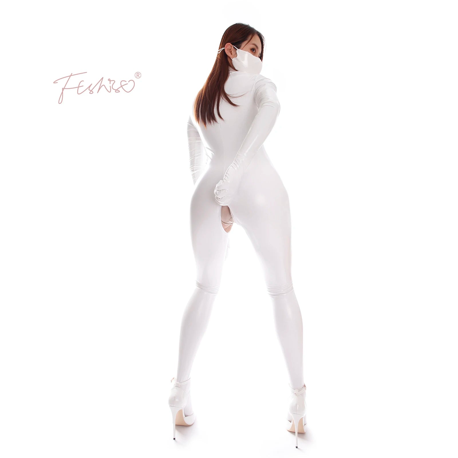 Ftshist Sexy Patent Leather Catsuits Open Crotch Shiny Fullbody Zentai Zipper One-Piece Long Sleeve Jumpuits Fetish Skin Tights