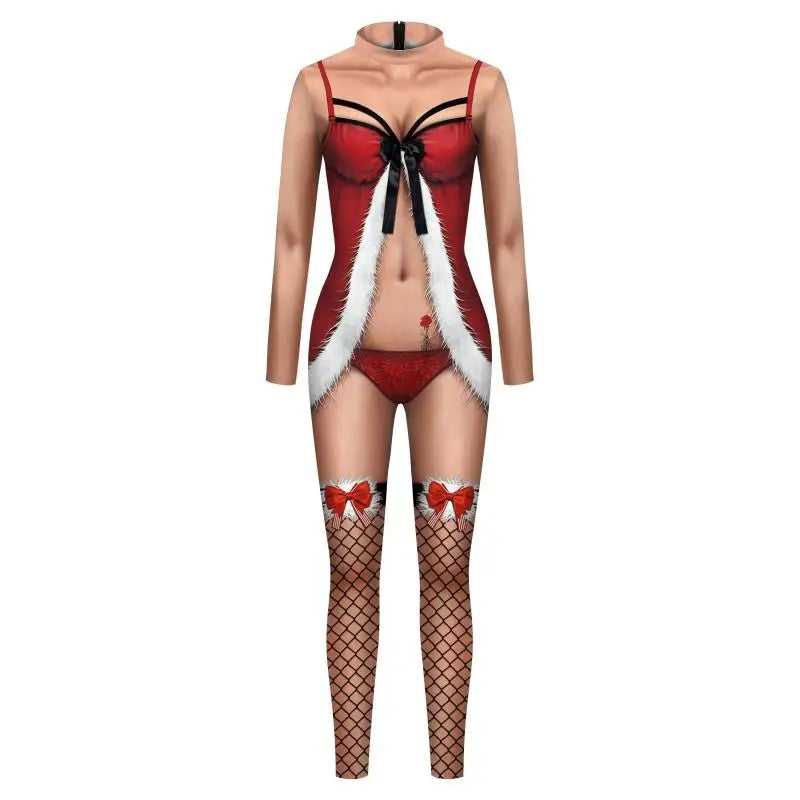 Sexy Christmas Jumpsuit Xmas Santa Claus Cosplay Costume Skinny 3D Printing Bodysuit Party Zentai Holiday Women Jumpsuit