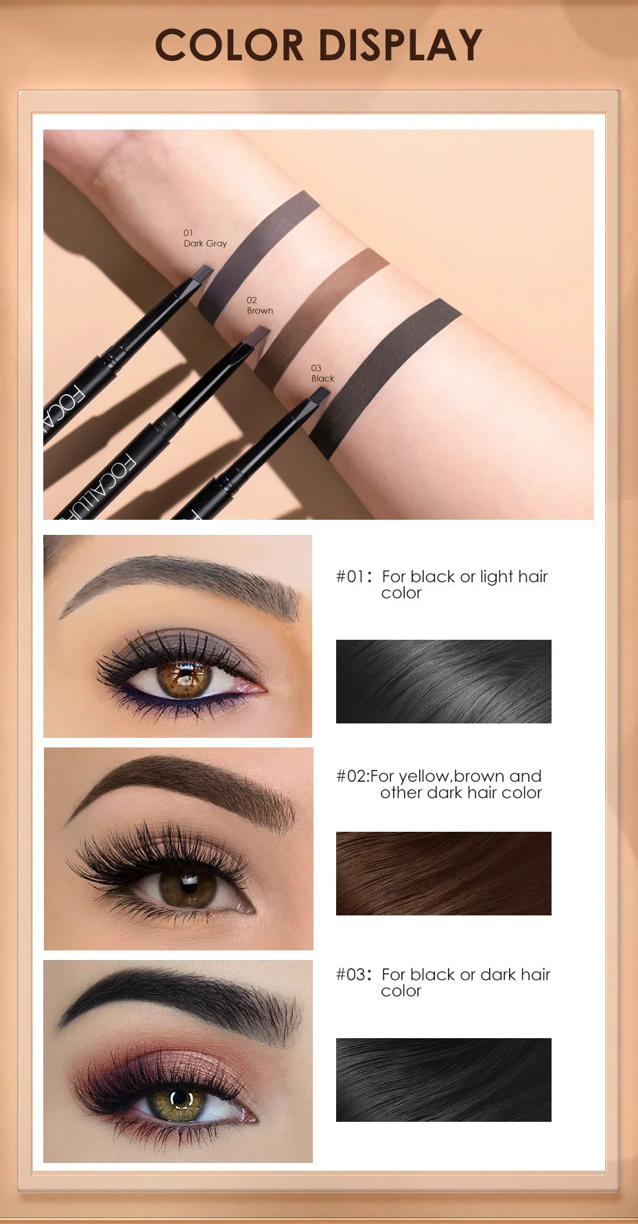 FOCALLURE Eyebrow Pencil 3 Colors Precise Brow Definer Waterproof Makeup Black Brown Eye Brows Cosmetics for Women's Make up