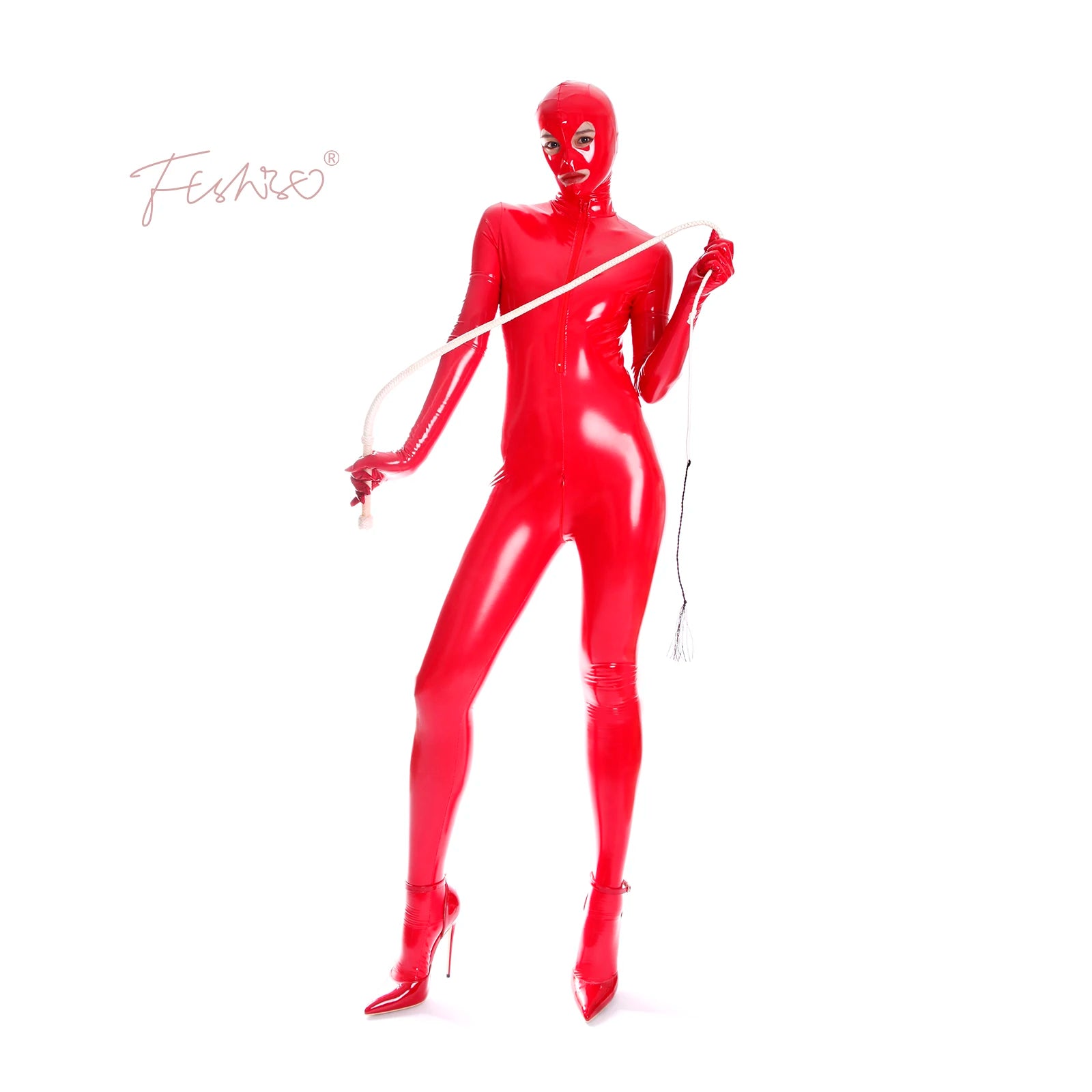 Ftshist Sexy Patent Leather Catsuits Open Crotch Shiny Fullbody Zentai Zipper One-Piece Long Sleeve Jumpuits Fetish Skin Tights