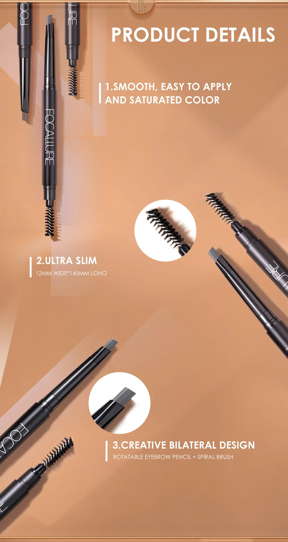 FOCALLURE Eyebrow Pencil 3 Colors Precise Brow Definer Waterproof Makeup Black Brown Eye Brows Cosmetics for Women's Make up