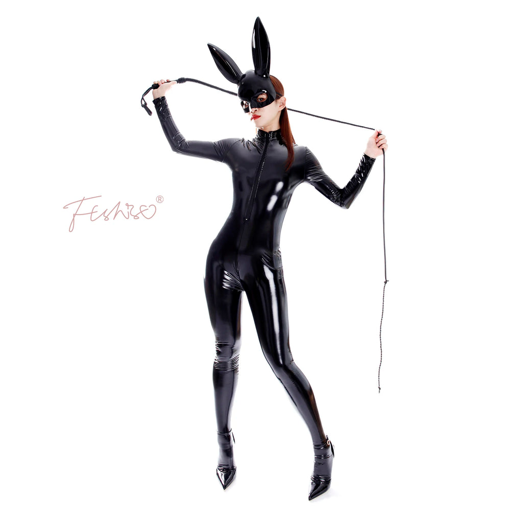 Ftshist Sexy Patent Leather Catsuits Open Crotch Shiny Fullbody Zentai Zipper One-Piece Long Sleeve Jumpuits Fetish Skin Tights