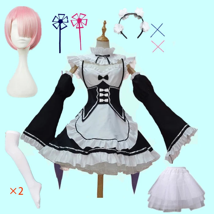 in stock  Re:zero Kara Hajimeru Isekai Seikatsu Rem Ram Maid Cosplay Costumes  Kawaii  dresses   Maid