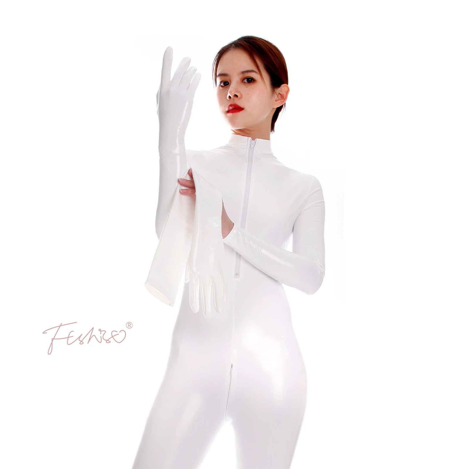 Ftshist Sexy Patent Leather Catsuits Open Crotch Shiny Fullbody Zentai Zipper One-Piece Long Sleeve Jumpuits Fetish Skin Tights