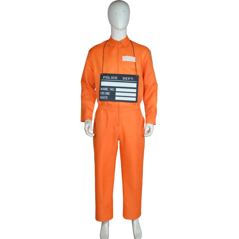 Male Prison Cosplay Costume Long Sleeves Jumpsuit Bodysuit Inmate Orange Set Adult Convict Party Uniform Amusement Outfits